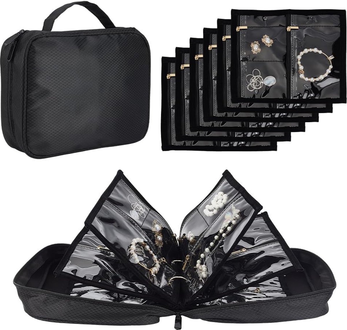 SnelShoppen - Zwarte Reissieraden Organizer Tas - Oorbel Organizer Etui - Sieradenopbergboek met Klein Zakje - Nylon Sieradenzakje voor Halskettingen,