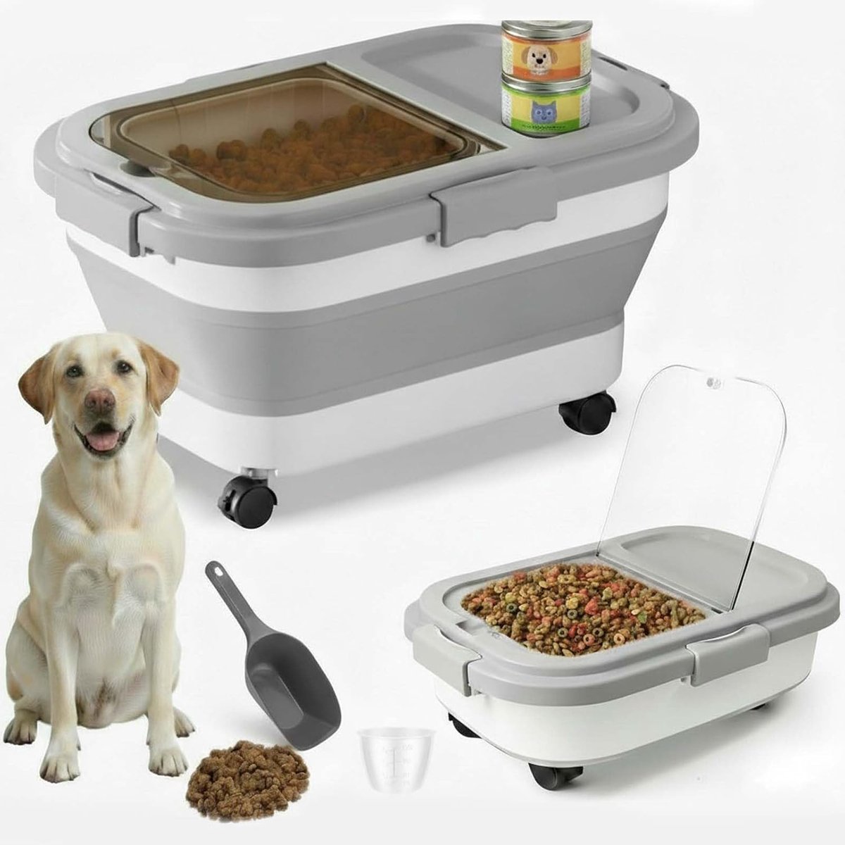 SnelShoppen - Hondenvoeropslagdoos 8-10 kg, Vouwbare Hondenvoeder met Maatbeker en Lepel, Hondenvoercontainer met Wielen, Grijs