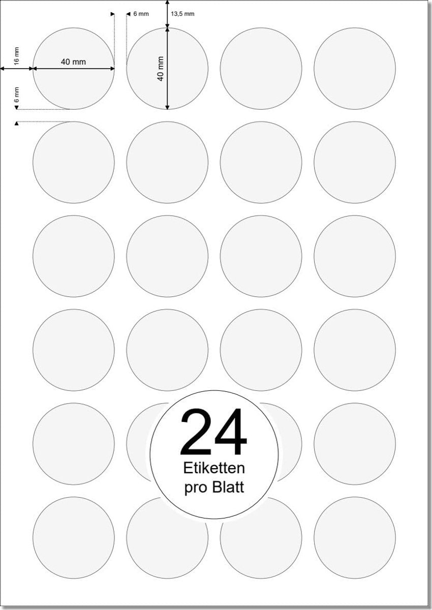 SnelShoppen - Printation Ronde Etiketten 40 mm diameter, 12.000 Zelfklevende Stickers op 500 DIN A4-vellen, Blanco Bedrukbaar voor Feest, Keuken, Tuin