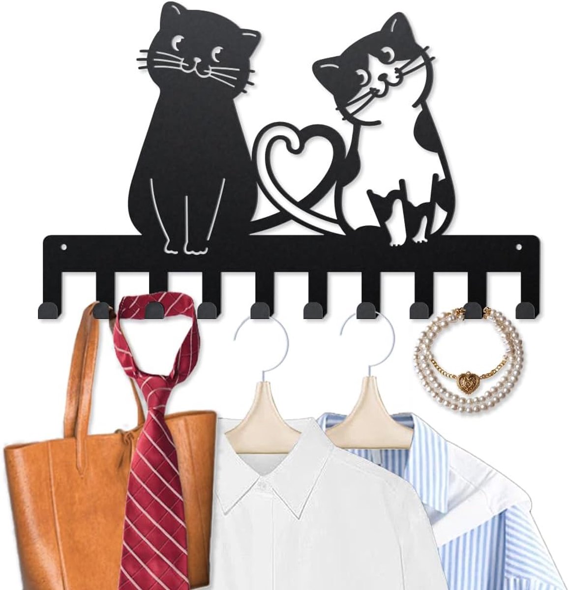 SnelShoppen - Wandhaak Kattentails Hart 40x25cm Met 10 Haken - Dieren Wandhaak Voor Sleutels, Jassen, Hoeden, Handdoeken, Tassen - Zwart - Valentijnsd