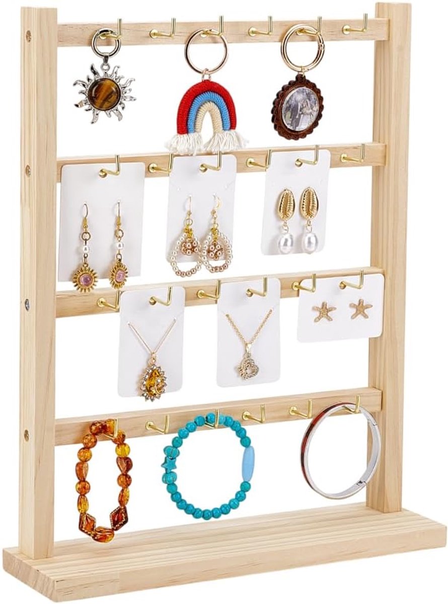 SnelShoppen - Earring Display Stands Hangers voor Sieraden met 24 Haakjes 4 Niveaus Houten Sieraden Organizer Rack voor Oorbellen, Kettingen, Armbande