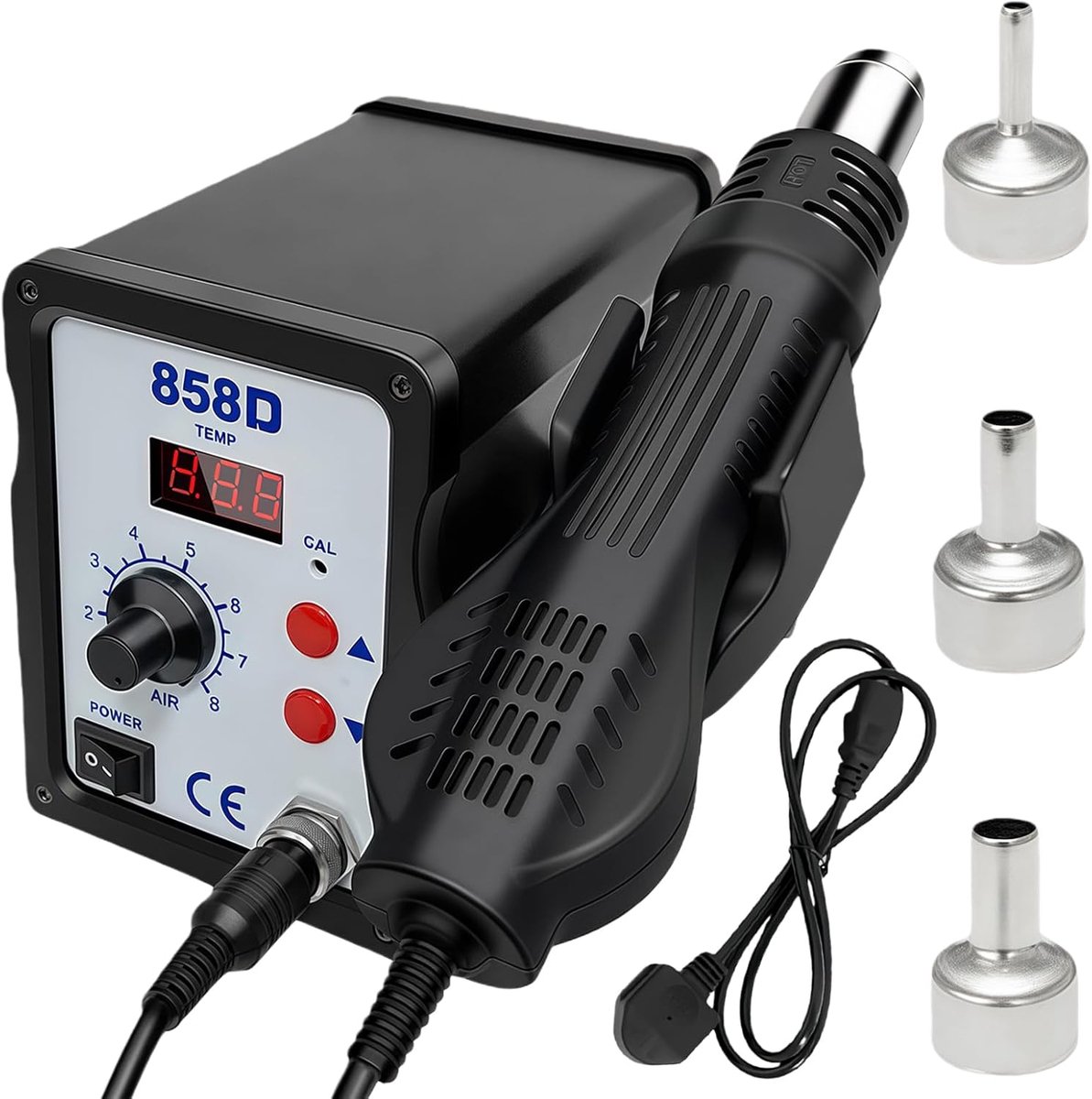 SnelShoppen - 858D Heteluchtsoldeerstation 700 W - Instelbare Temperatuur 100-450 °C - Digitaal Display - Automatische Start/Stop - 4 Sproeiers voor B
