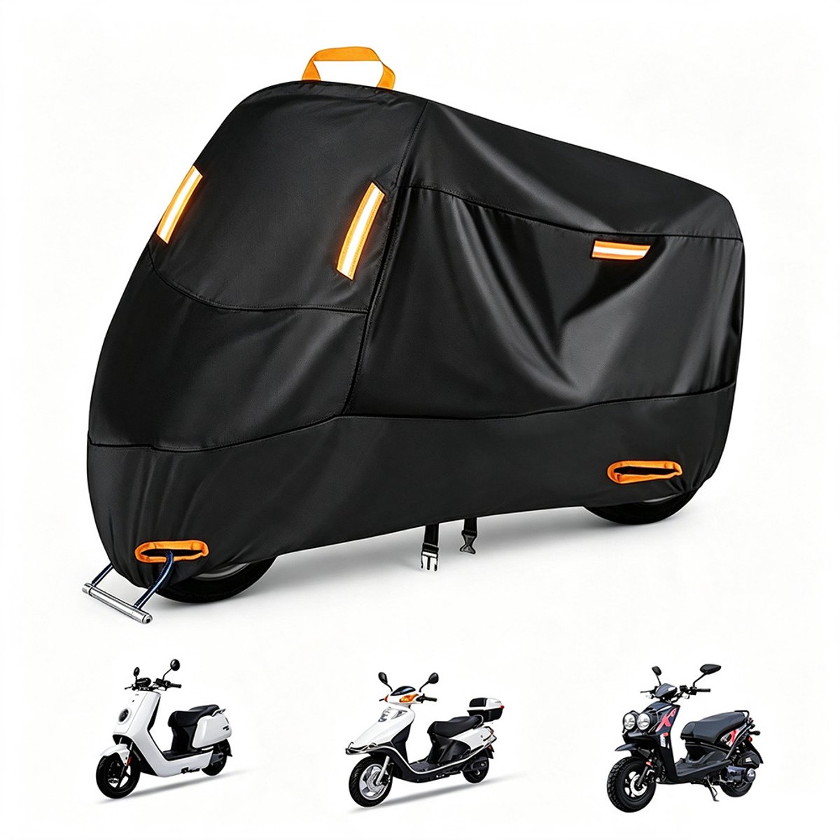 Fokelyi Motorhoes Waterdicht - Scooterhoes 210D Oxford - 295x110x140 cm -Afdekzeil-Dubbele Slotgaten - Winddichte Sluiting - Reflecterende Strips - Incl. Opbergzak - Zwart