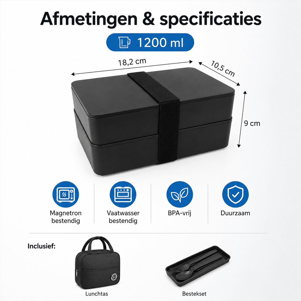 VHV - Lunchbox 1200 ml met Geïsoleerde Lunchtas en Bestek - 2 Lagen - Zwart - Voor Werk, School en Onderweg