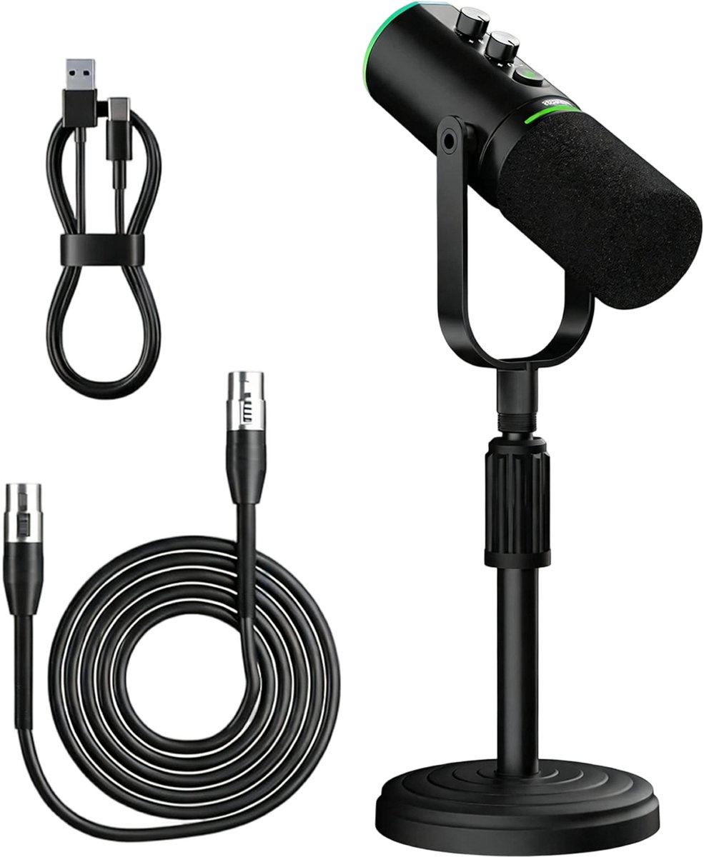 Fokelyi Streaming Microfoon Met RGB Verlichting - Condensatiemicrofoon Met Uitschuifbare Standaard - Galm Effect -Desktop Microfoon - XLR/USB-C - Noise Cancelling - Zwart