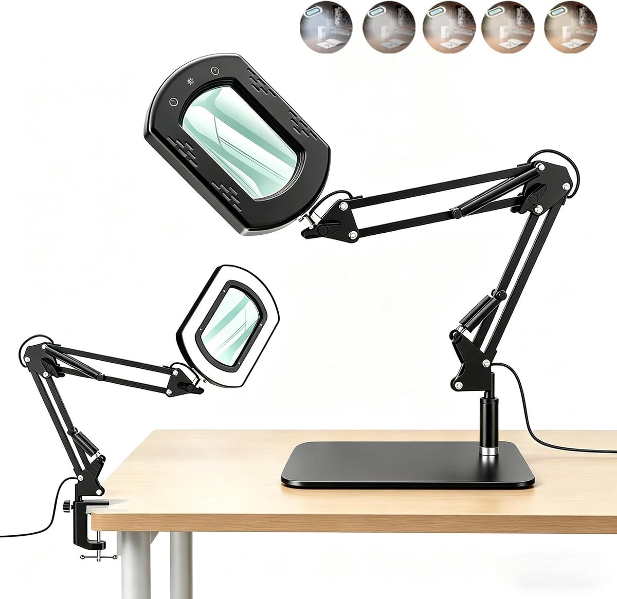 KZQ Vergrootglas 15x Met Led-Verlichting En Klem – 2-In-1 Bureaulamp Met 5 Kleurtemperaturen En Dimbaar – Opvouwbaar Voor Lezen, Naaien En Knutselen (Vierkant)
