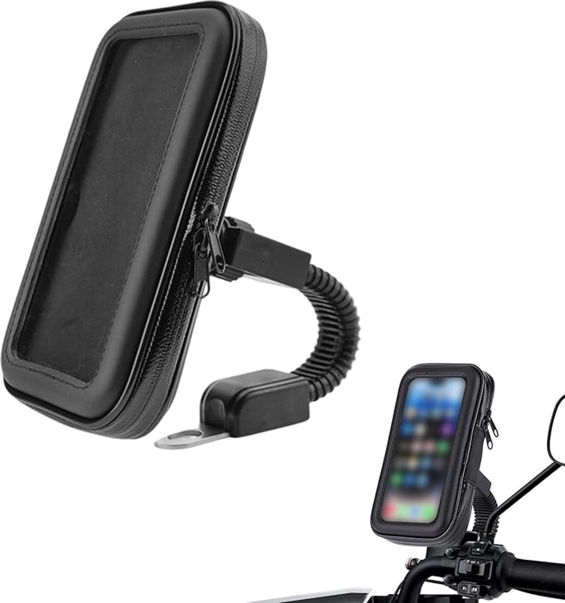 KZQ Waterdichte Universele Telefoonhouder Voor Motor Scooter En E-Bike – Bevestiging Aan Stuur Of Spiegel – Geschikt Voor Smartphones Tot 6,5 Inch – Zwart