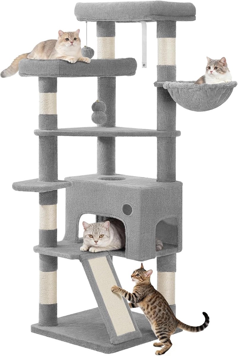 Hzuaneri Krabpaal 153 cm kattenboom, ruim en stabiel, met 6 krabpalen, 1 comfortabel groot kattenhuis, 3 grote platforms, kattenmand, pompons, scratching board, lichtgrijs