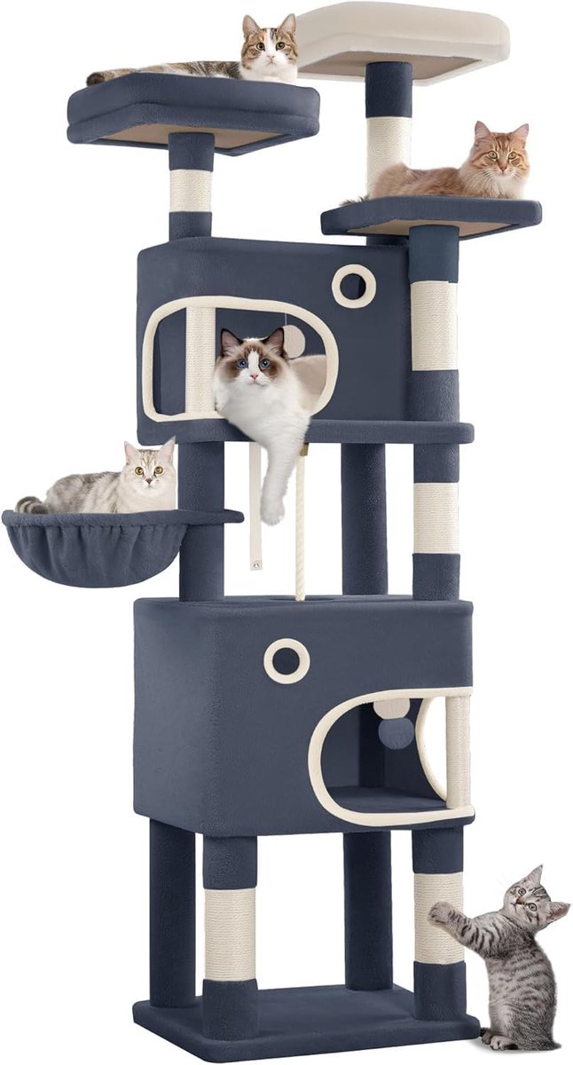Hzuaneri Kat Krabpaal, 180 cm Hoge Kattenboom, met 7 Laag Multi Functie Speelplaats voor Katten, Dubbele Holtes, en Drie Uitzicht Platforms, Geschikt voor Meerdere Katten, Donkergrijs