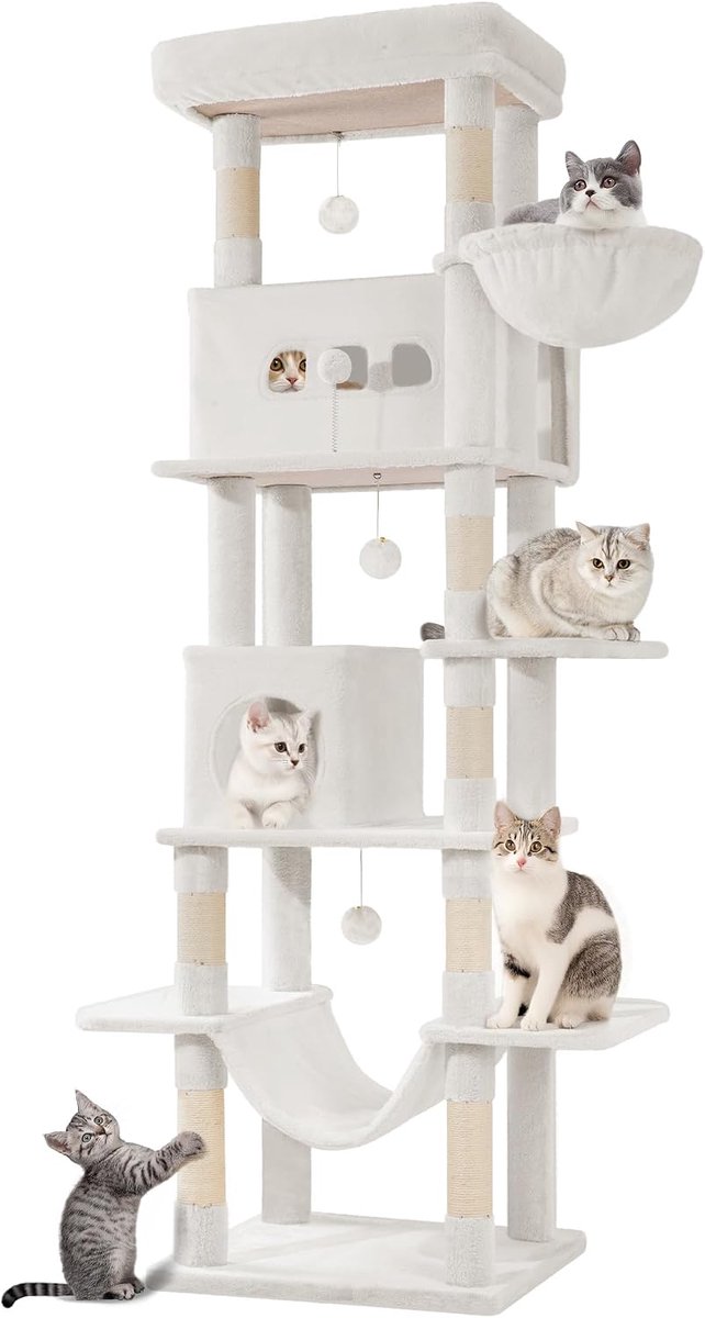 Hzuaneri Grote krabpaal, 210 cm hoog, met 8 krabpalen, 2 manden, grote platforms, wasbare mat, hangmat, pluche ballen, krabpaal met meerdere verdiepingen, crèmewit