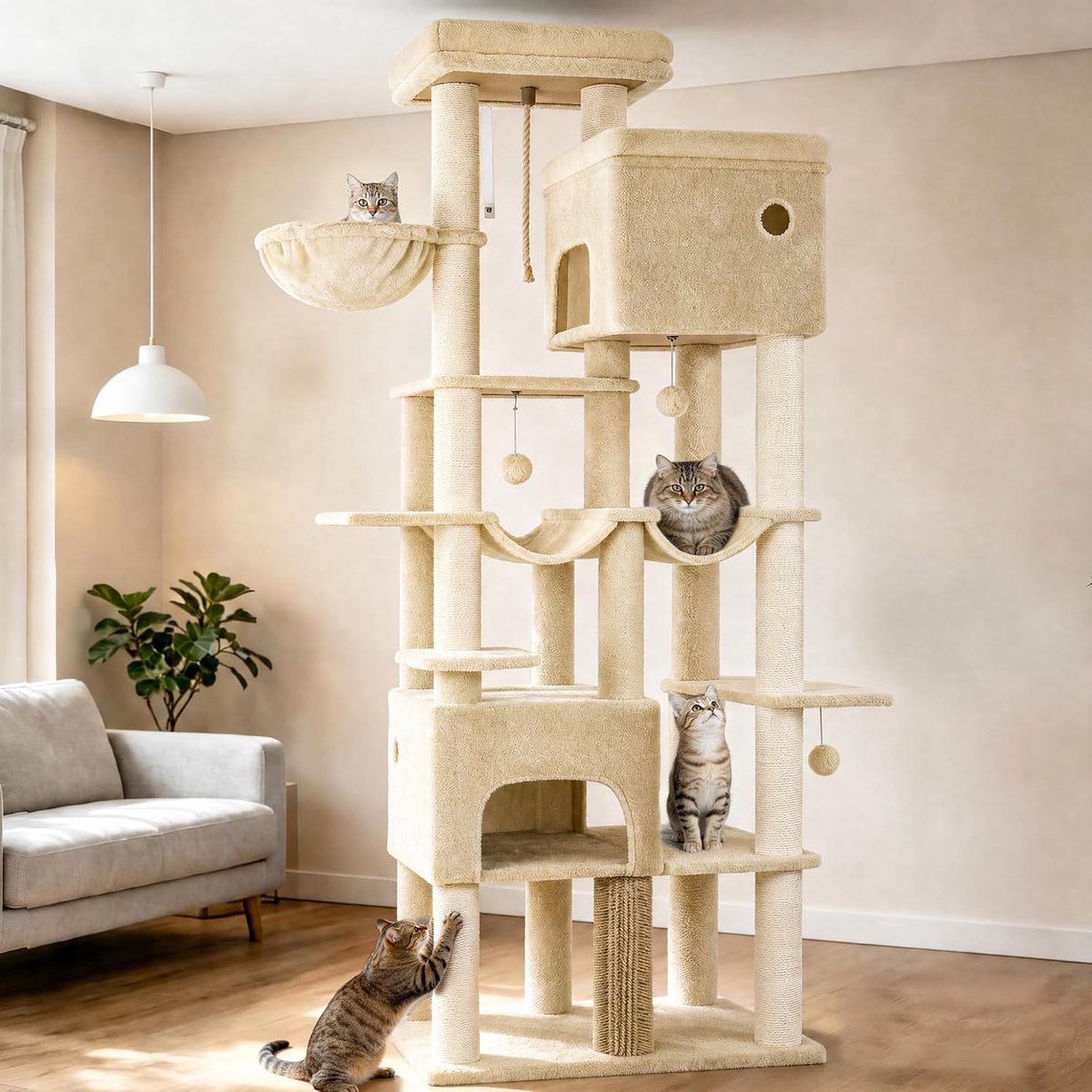 Hzuaneri 200cm Grote Kattenboom, XXL Krabpalen met 2 Condooms en 10 Sisal, Zware Kattentoren Voor Maine Coon, Inclusief 2 Hangmatten, 78 x 50 x 200 cm,Beige