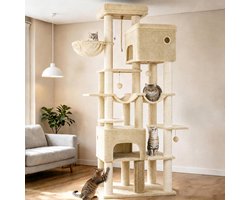 Hzuaneri 200cm Grote Kattenboom, XXL Krabpalen met en 10 Sisal, Zware Kattentoren Voor Maine Coon, Inclusief 2 Hangmatten, 78 x 50 x 200 cm,Beige
