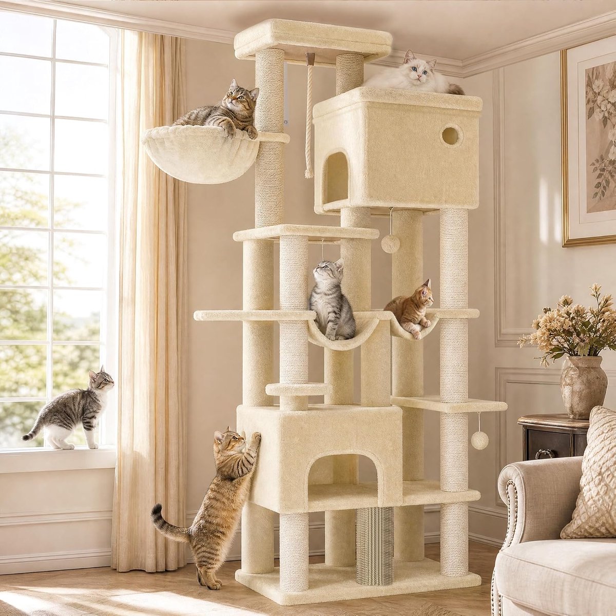 Hzuaneri Krabpaal, 185 cm XL Krabpaal met 10 krabpalen, 2 holen, 2 hangmatten, groot platform, kattenborstels, mandje, robuuste krabpaal voor Maine Coons en grote katten, beige