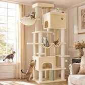 Hzuaneri Krabpaal, 185 cm XL Krabpaal met 10 krabpalen, 2 holen, 2 hangmatten, groot platform, kattenborstels, mandje, robuuste krabpaal voor Maine Coons en grote katten, beige
