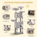 Multifunctionele grijze kattenkrabpaal met groot platform, mand, krabpalen, sisaltouw en kattenhol.