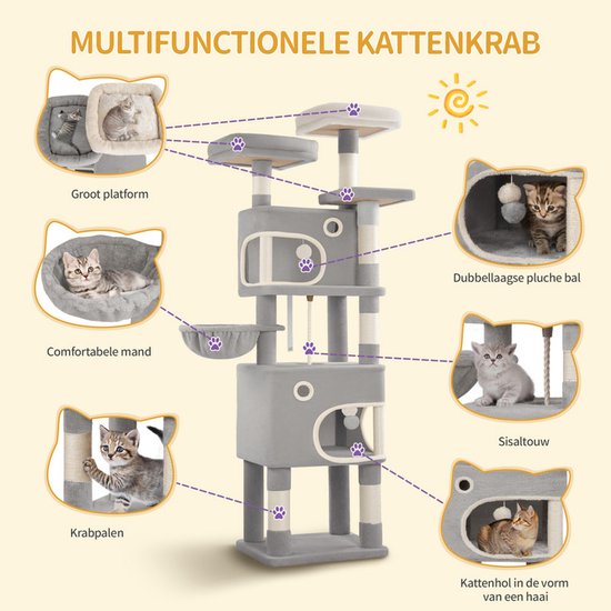 Multifunctionele grijze kattenkrabpaal met groot platform, mand, krabpalen, sisaltouw en kattenhol.