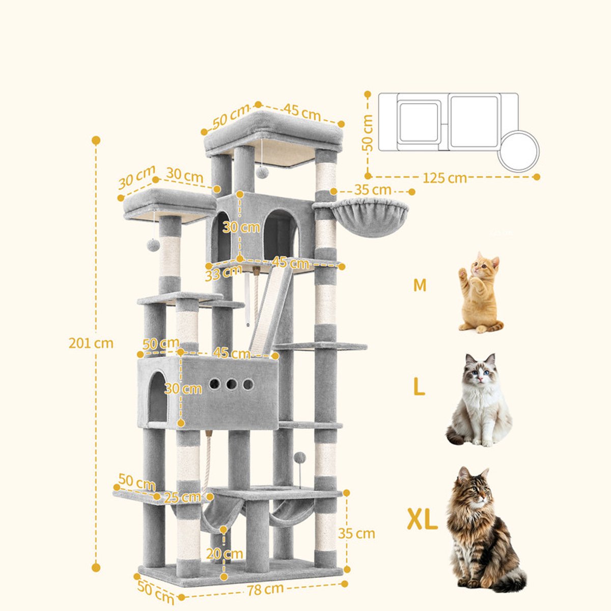 Hzuaneri Krabpaal, 201 cm XXL Krabpaal met 9 krabpalen, 2 holen, 2 hangmatten, groot platform, sisaltouw, mand, robuuste krabpaal voor Maine Coons en grote katten, lichtgrijs thumbnail 4