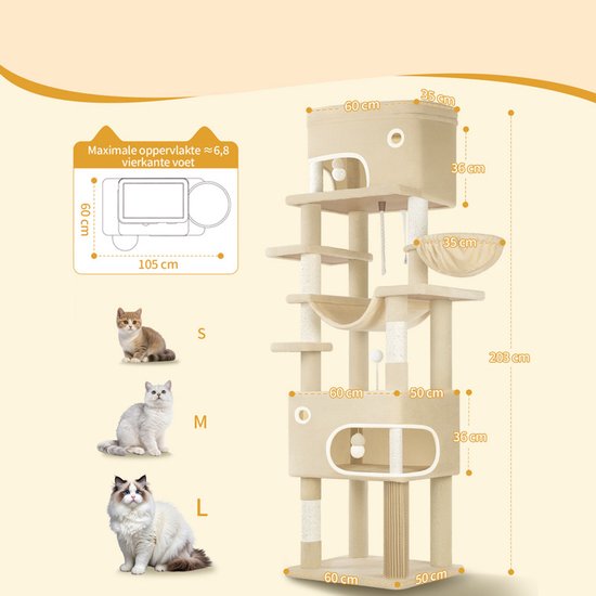 Afmetingen van de beige kattenkrabpaal van 203 cm. Illustratie toont totale afmetingen en kleine katten van verschillende maten S, M, L.