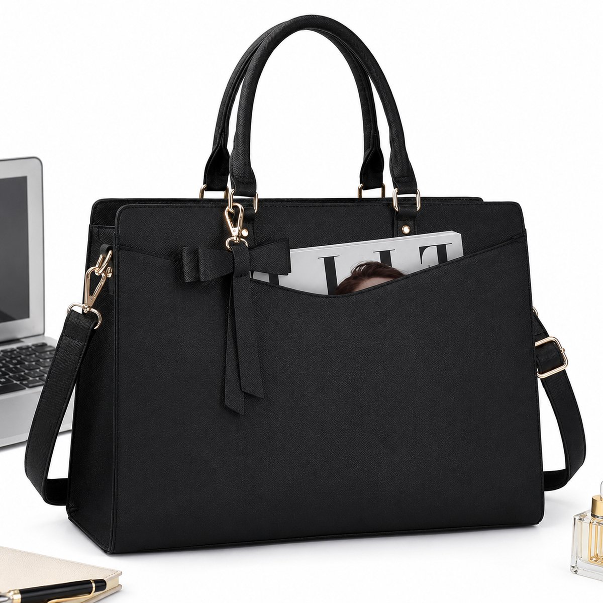 Schooltas - laptoptas dames - Laptoptas - Dames laptoptas 15,6 inch - Waterdichte schoudertas van PU-leer - Lichtgewicht werktas voor kantoor, studie en zakelijk gebruik - Zwart