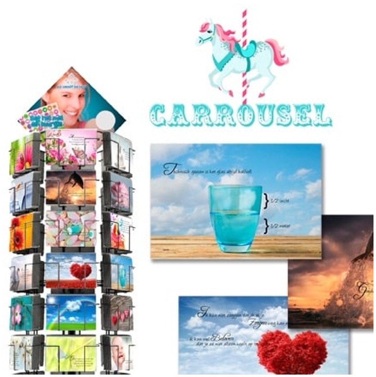 Carrousel 17x11cm complete serie inclusief display in bruikleen, topkaart en backcards