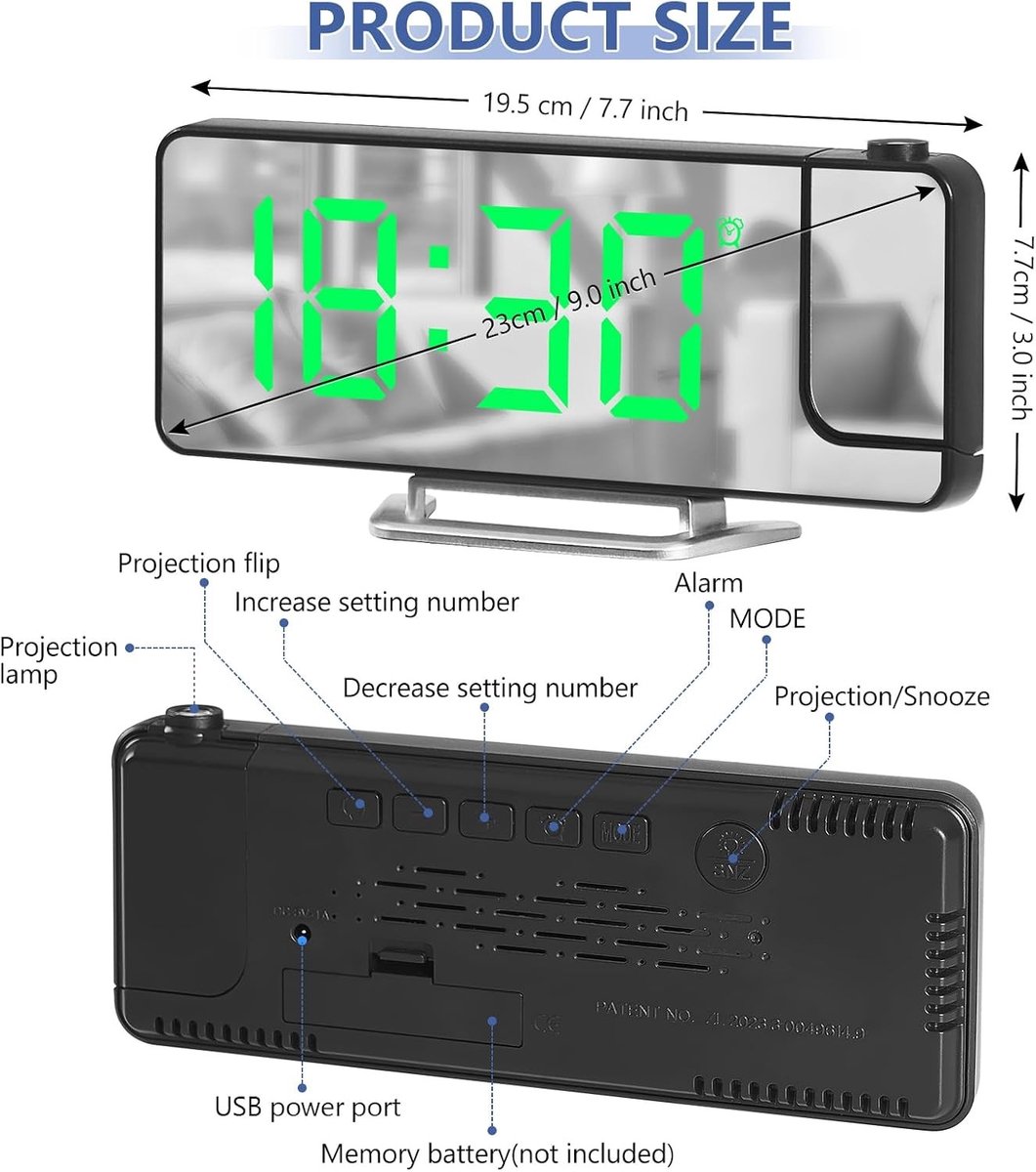 Projectie Alarmklok met LED Scherm, Temperatuurweergave, Snooze Functie en Verstelbare Helderheid voor 12/24 Uur Display