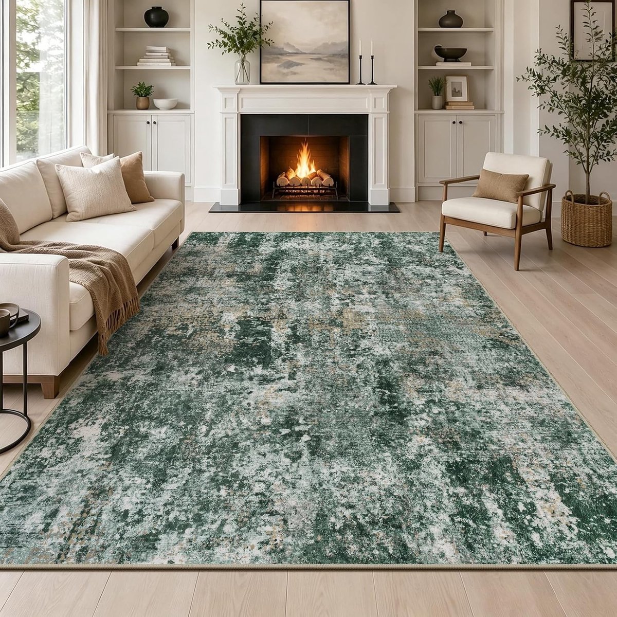 Groene Abstracte Vloerkleed 160 x 230 cm Modern Korte Pool Zacht Vloerkleed Wasbaar Antislip Minimalistische Tapijt voor Woonkamer Slaapkamer en Kantoor