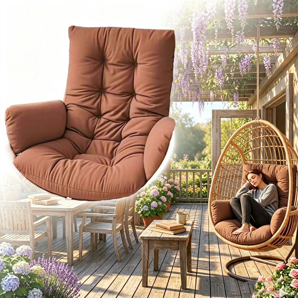 Schommelstoelkussen - Verdikt en zacht rugkussen - Waterdichte tuinmat - Geschikt voor binnen- en buitengebruik - Kan worden bevestigd aan eivormige schommelstoelen, hangstoelen en tuinschommelstoelen.