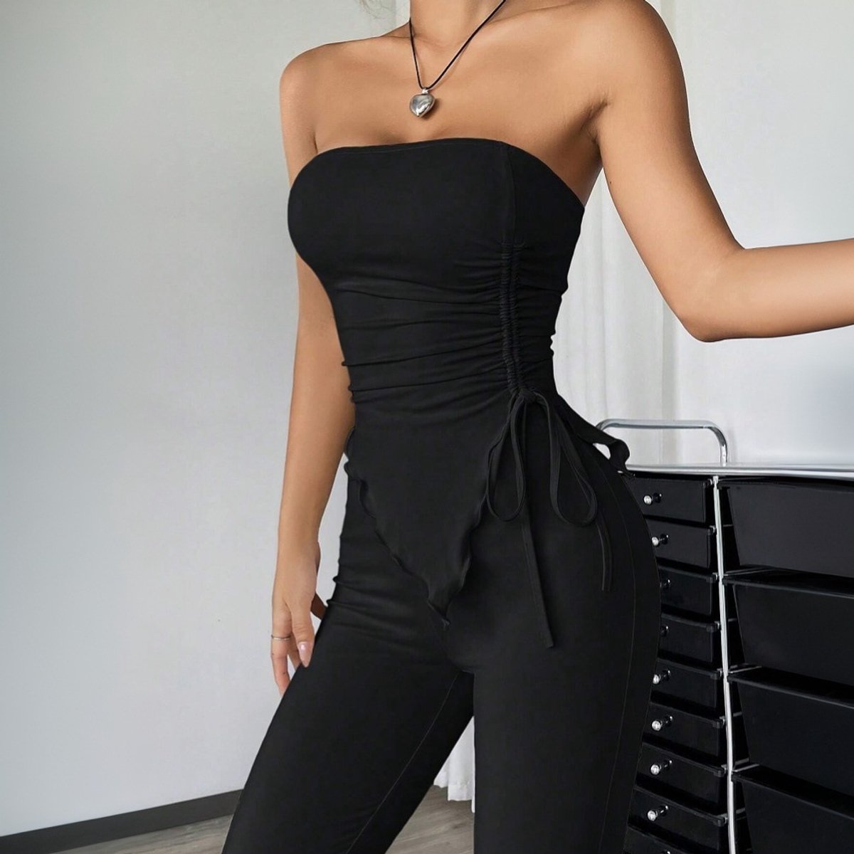 Dames Effen Kleur Crop Top met Trekkoord + Lange Broek Set - Comfortabele 2-Delige Outfit