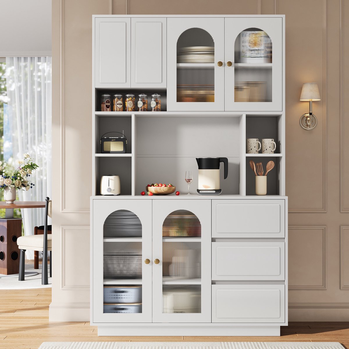 VVBV Bar-/Drankkast - 106 x 30 x 175 cm, Wit, met 3 Lades en 2 Deuren, LED-Verlichting, App-bediening, Acrylvak, Glazenhouder