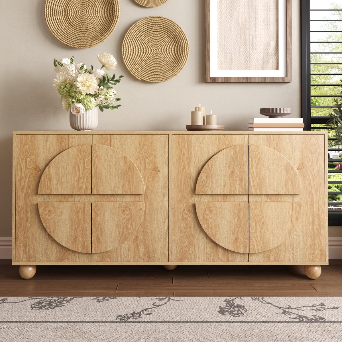 VVBV Dressoir - 160 x 38 x 76 cm, Naturel, met 2 Deuren, Glazenhouder, Verstelbare Planken, Reliëffronten, MDF