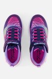 Bovenkant van paarse sneakers met roze veters, regenboogkleurig patroon en 'S-Lights' logo.