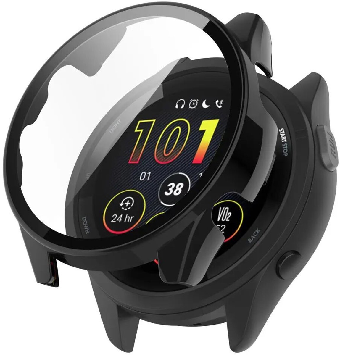 Hoesje met Ingebouwde Tempered Glass Geschikt voor Garmin Forerunner 165 - Smartwatch Hoes met Screen Protector - Hard Plastic Bumper Case - Zwart