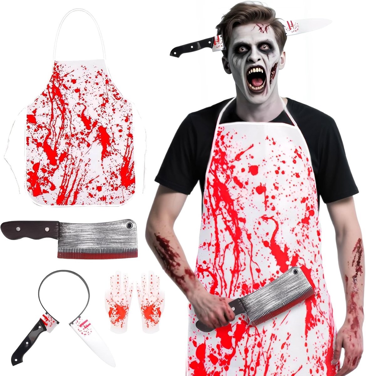 Halloween Slagerskostuum met Bloedige Schort en Haarband - Horror Outfit voor Mannen met Accessoires