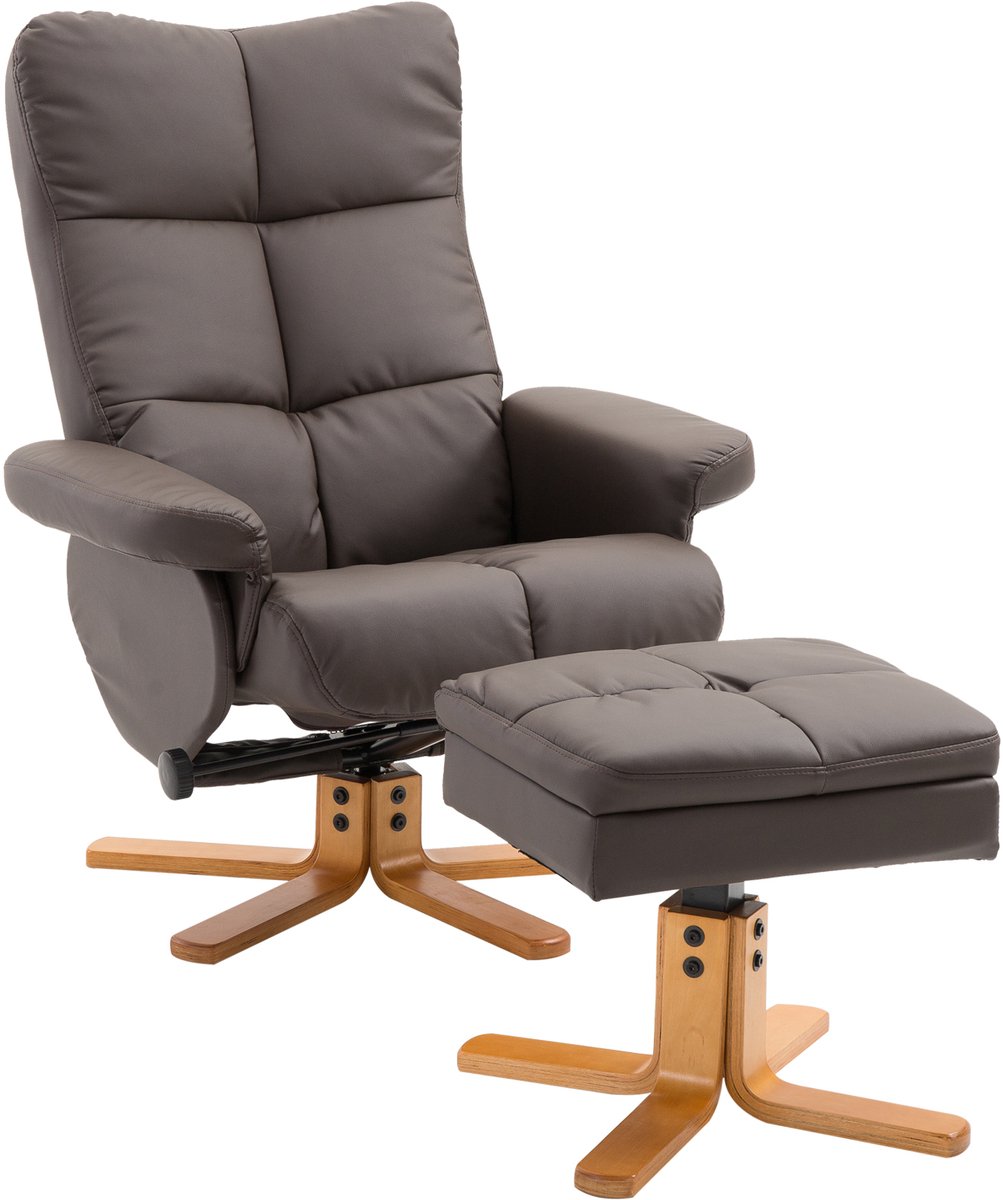 Afmetingen 80x86x99cm Bruin Relaxsessel met Voetenbank en Opbergruimte Televisiezetel Ligfunctie 360° Draaibaar PU Houtframe Comfortabele Relaxfauteuil Verstelbare Rugleuning