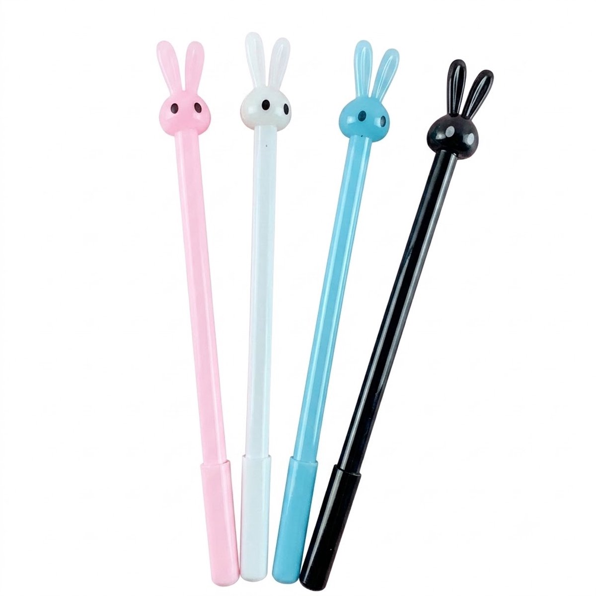 Konijn balpennen set 4 stuks unisex gel pennen met zwart schrijvende inkt, 0,5 mm punt, konijn topper in roze, wit, blauw en zwart voor school, kantoor, notities en schrijven