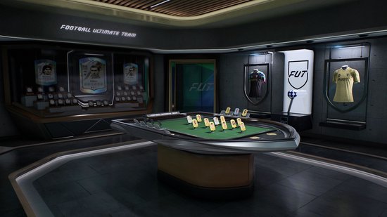 Futuristic room with a football pitch table, jerseys and player cards on display.