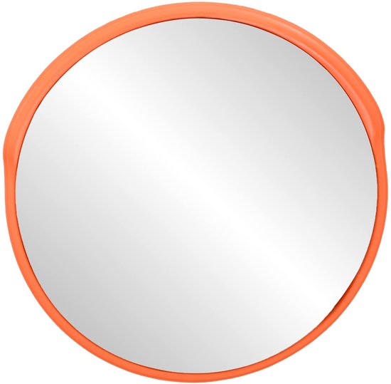 Miroir convexe orange, posé sur un fond blanc.