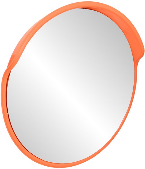Miroir convexe orange sur un fond blanc, le miroir est incliné.