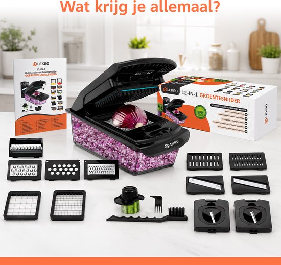 Compleet overzicht van de Lekro 12-in-1 groentesnijder set, inclusief alle snijbladen en toebehoren.