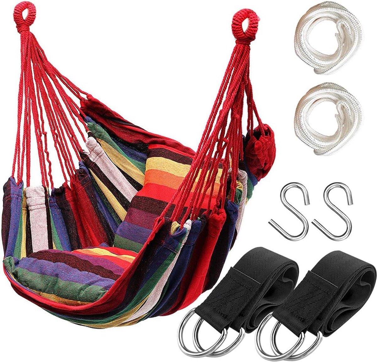 SnelShoppen - Hangstoel van Touw voor Binnen en Buiten, Robuuste Hangmat van Katoen, Max. 136 kg, Regenboogkleur, Perfect voor Tuin, Balkon, Camping e