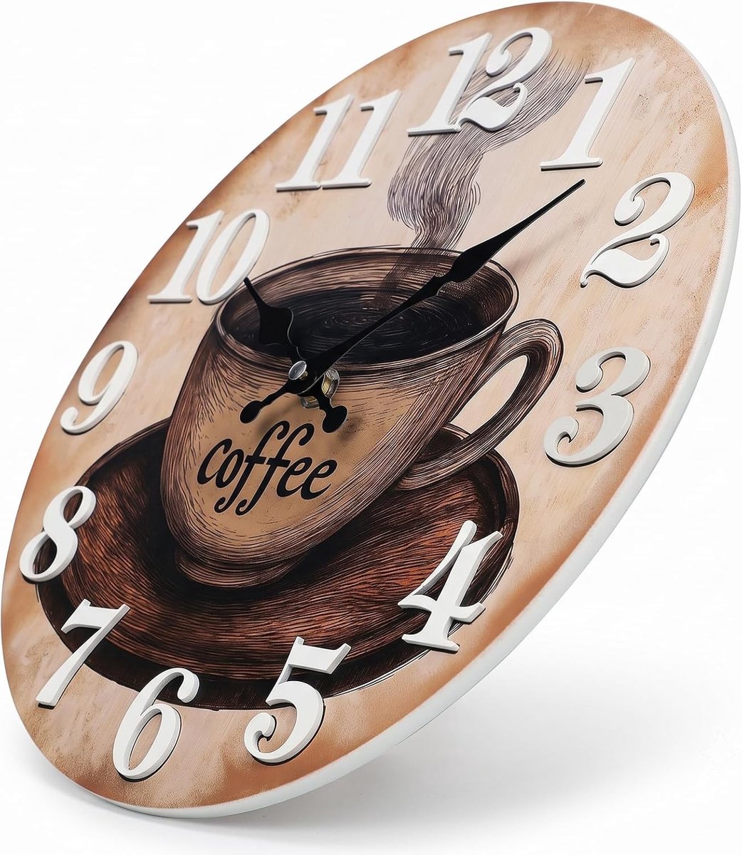 Wandklok - Vintage Koffiemotief - 30 cm - MDF-hout - Voor Keuken, Café of Restaurant