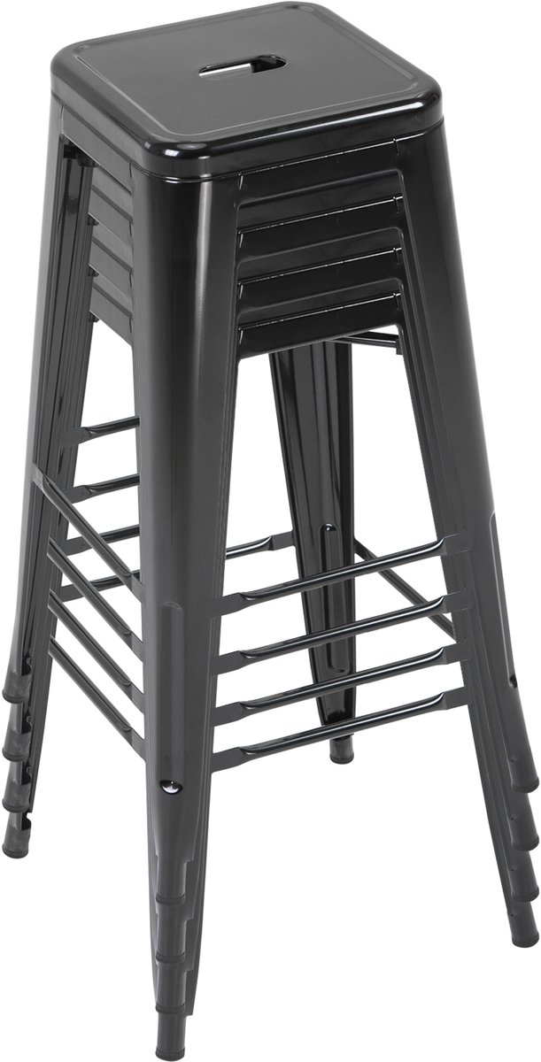Set van 4 barkrukken, stapelbaar, industriële barkruk met voetsteun, zithoogte 76 cm, metaal, zwart