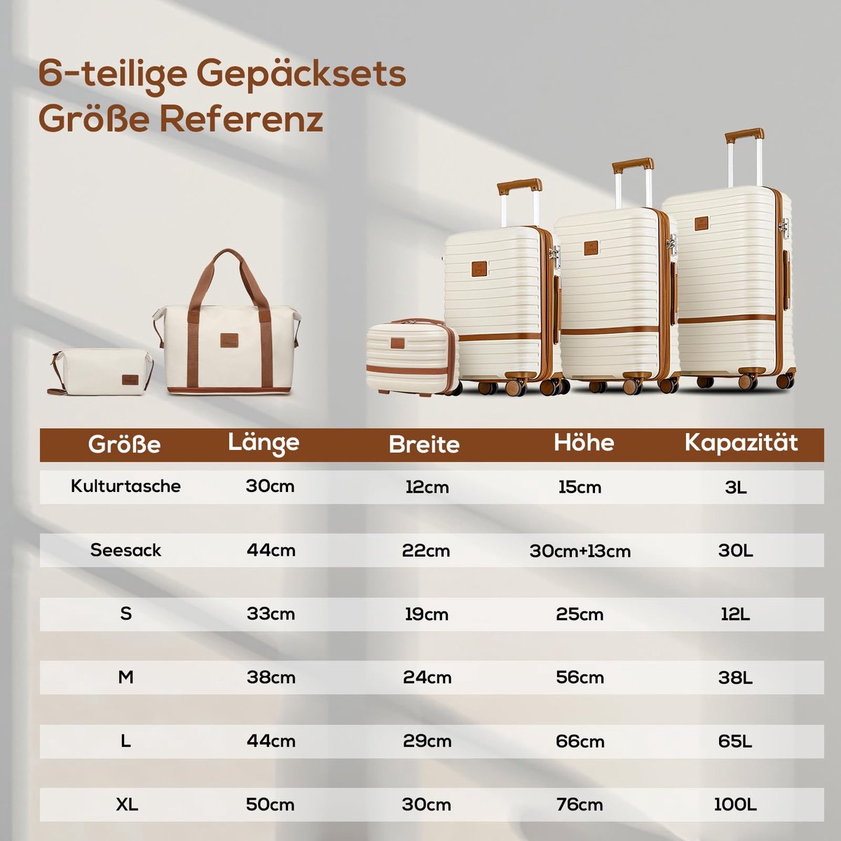 SnelShoppen - Uitbreidbare Hardshell Koffer Trolley Set 6-delig, Wit/Bruin, ABS Reiskoffer met Handbagage voor Vakantie, Zakenreis, Weekendje Weg