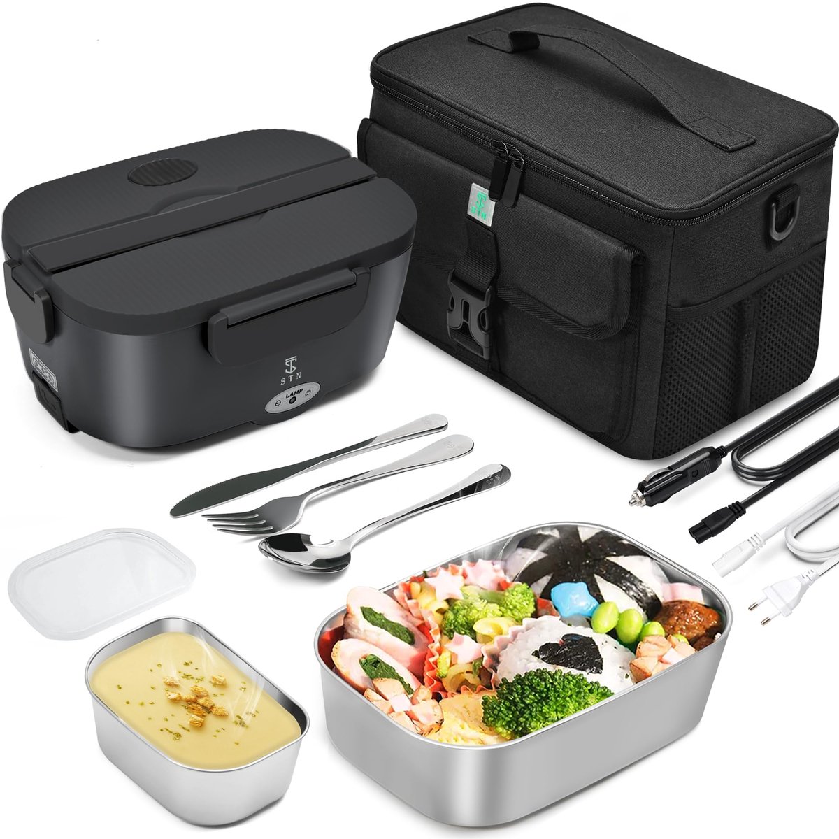 SnelShoppen - Elektrische Lunchbox 80W 12V 24V 220V met Afneembare 304 RVS Container (1,5 l + 0,45 l) voor Auto, Truck, Thuis en Werk