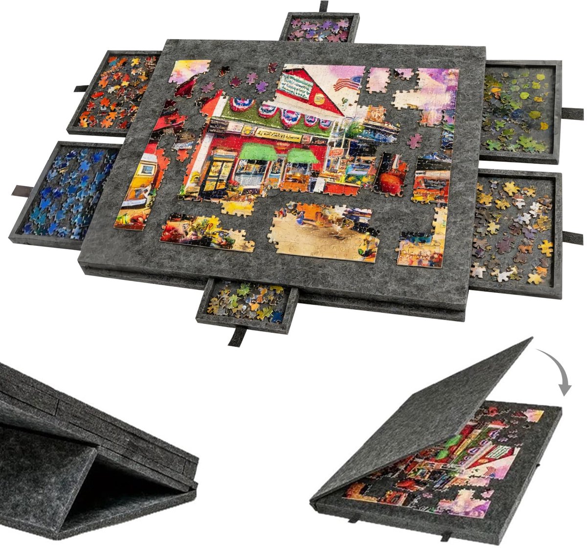 SnelShoppen - Puzzeltafel met 6 Laden, 1000 Stukjes, 2-in-1 Puzzeltableau met Standaard en Afdekking, Zwart, Ideaal voor Thuis en Puzzelen met Vriende