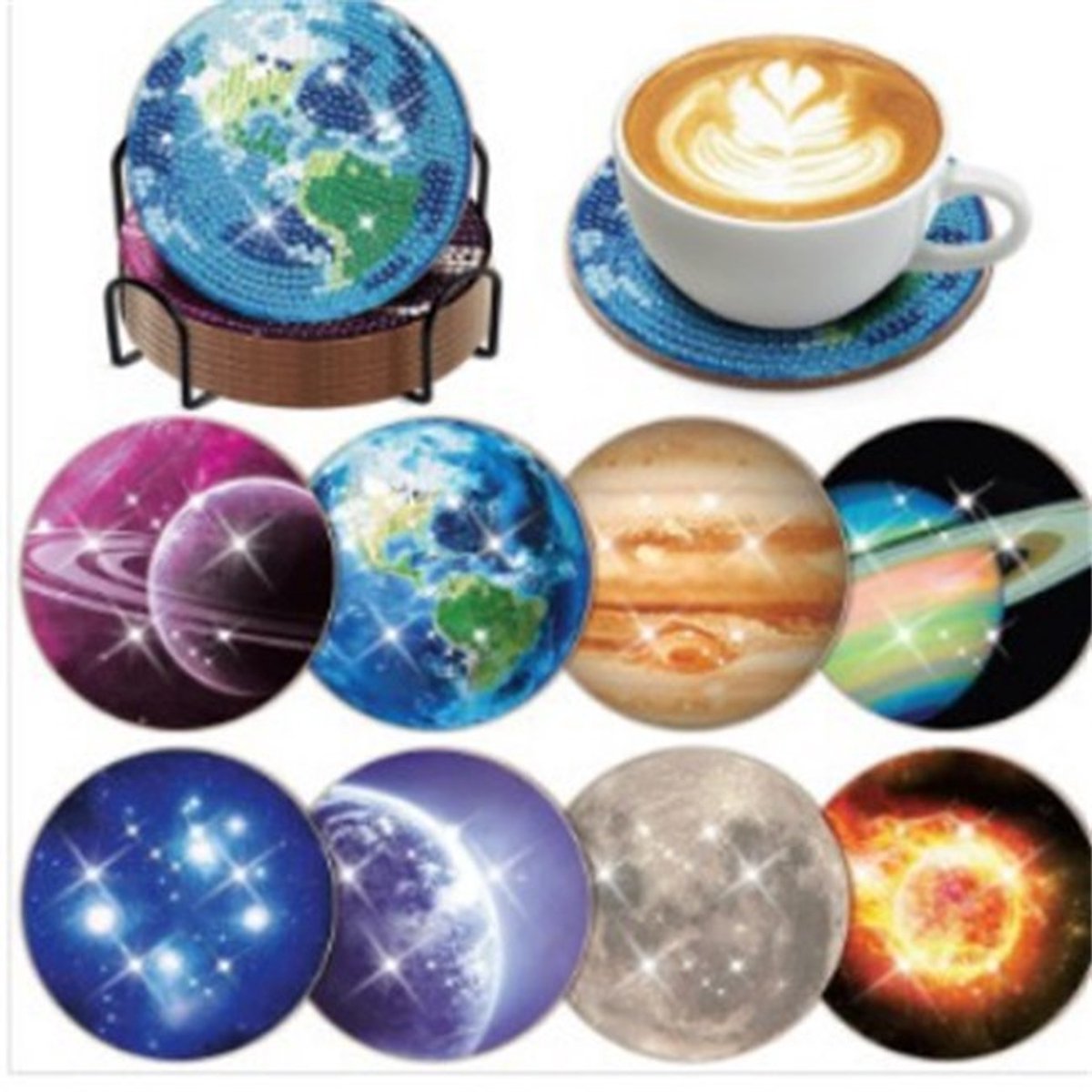 YYchan DIY Diamond Painting Onderzetters Set - 8 Stuks met Houder - Handgemaakt & Hittebestendig - Pakket Volwassenen en Kinderen - Planeet