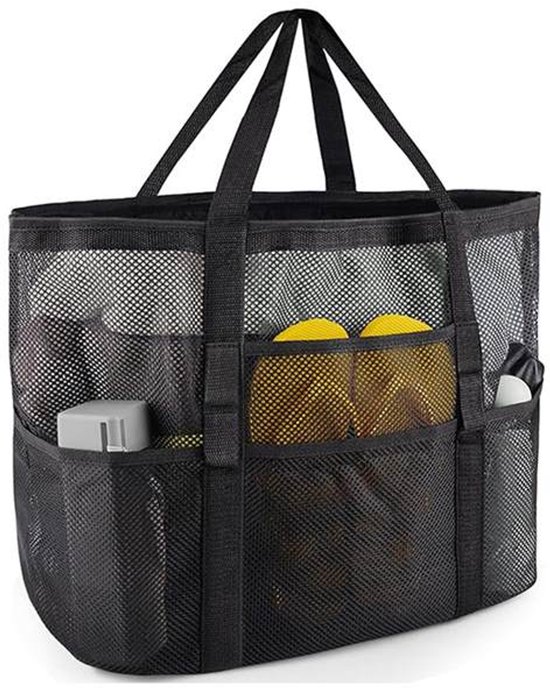Zwarte mesh strandtas met aan de buitenkant 7 vakken voor spullen. De tas heeft zwarte handvatten.