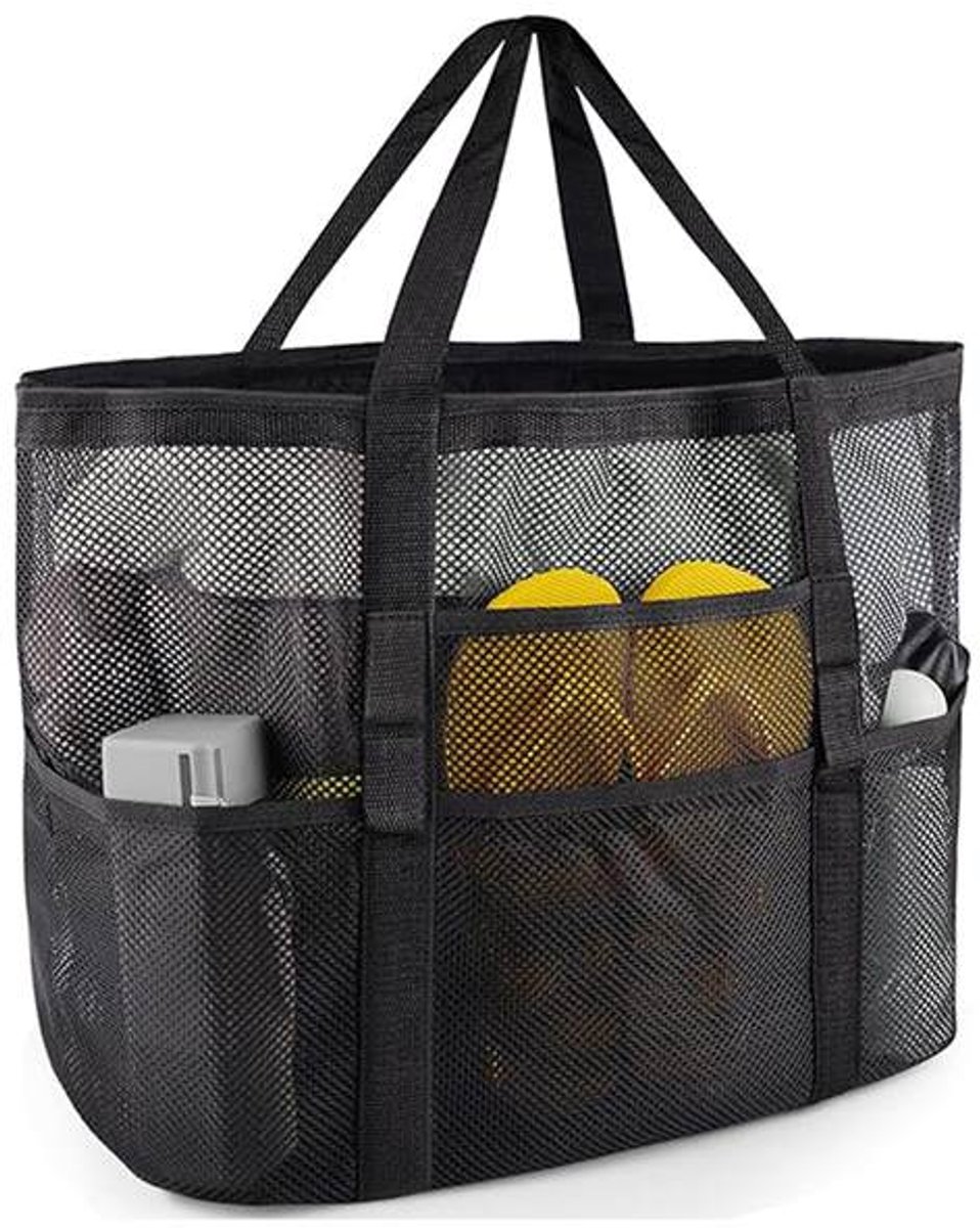 Geweo Strandtas - Grote Strandtas Mesh - Mesh Zwemtas met 7 Vakken - Opvouwbaar - Boodschappentas - 43x20x39 cm - Zwart