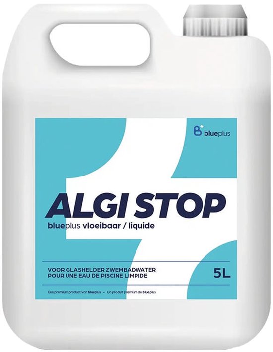 Witte 5 liter jerrycan met label "ALGI STOP blueplus vloeiibaar / liquide" en blauwe abstracte vormen.