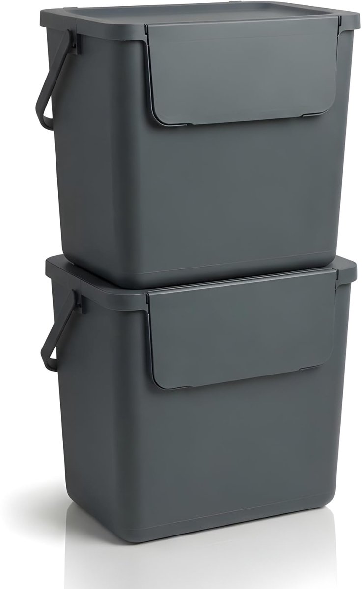 SnelShoppen - Afvalemmer Stapelbaar 2 x 30 Liter Antraciet, Vrijstaand Afvalscheidingssysteem, Geurdicht, Groot, 38 x 28 x 34 (H) cm voor Keuken en Tu